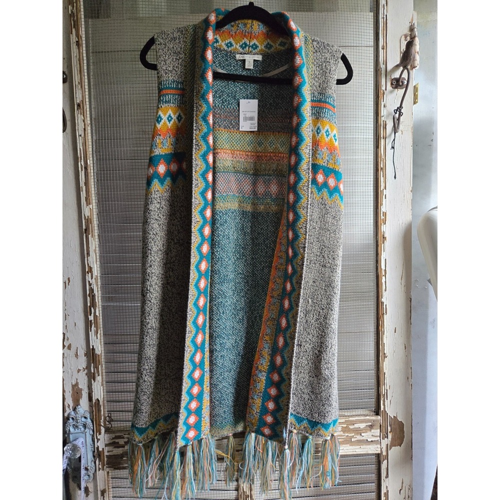Cato Womens long sweater small J/M Sportswear Sadona Gray with fringe, Vest type